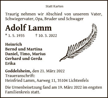 Traueranzeige von Adolf Lamm von WLZ