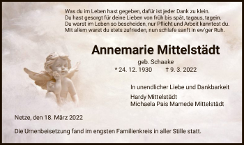 Traueranzeige von Annemarie Mittelstädt von WLZ