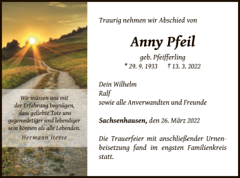 Traueranzeige von Anny Pfeil von WLZ