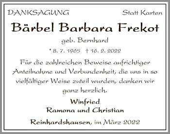 Traueranzeige von Bärbel Barbara Frekot von WLZ