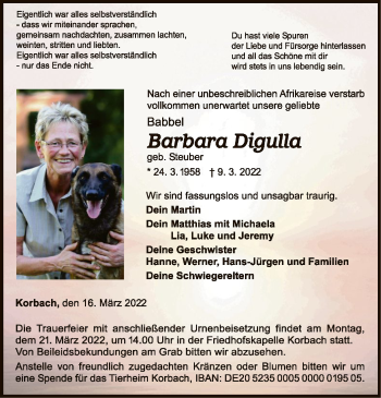 Traueranzeige von Barbara Digulla von WLZ