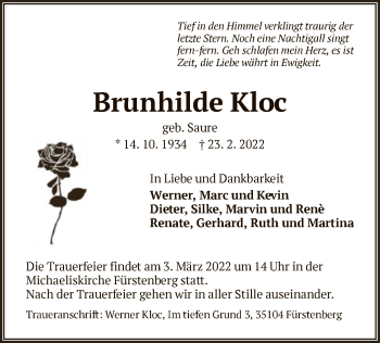 Traueranzeige von Brunhilde Kloc von WLZ