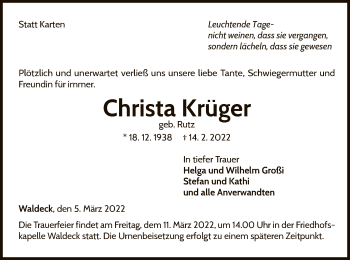 Traueranzeige von Christa Krüger von WLZ