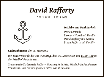 Traueranzeige von David Rafferty von WLZ