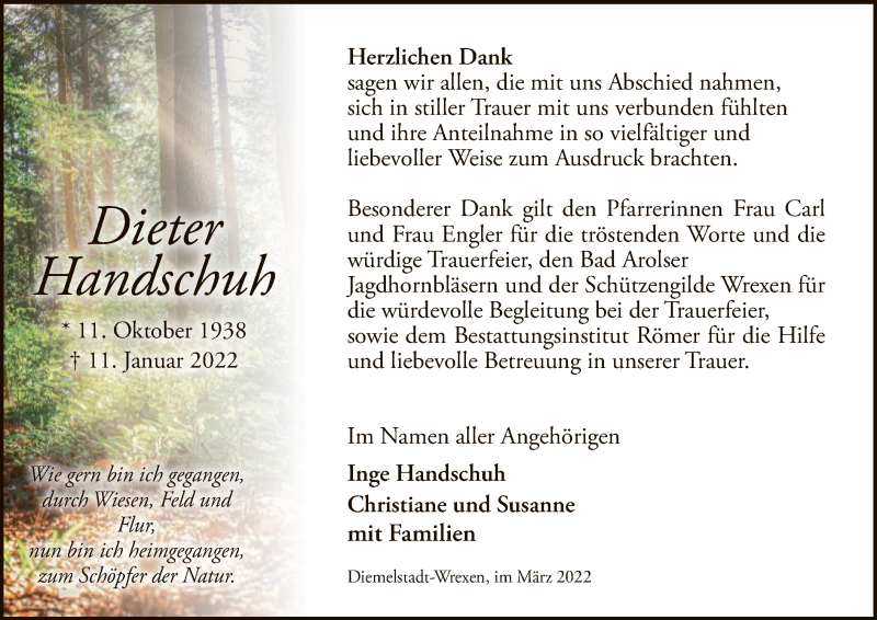  Traueranzeige für Dieter Handschuh vom 12.03.2022 aus WLZ