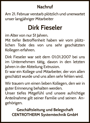 Traueranzeige von Dirk Fieseler von WLZ