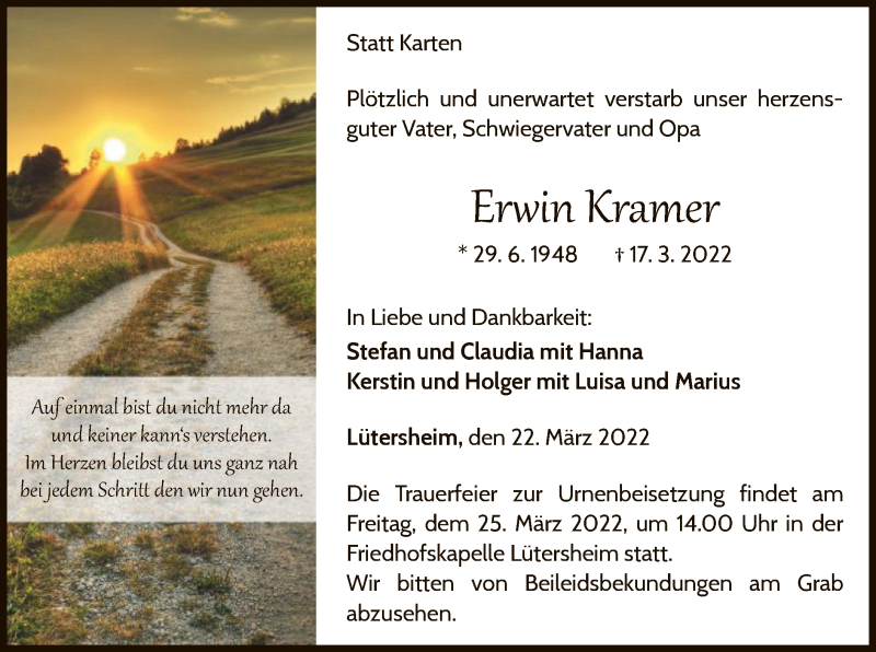  Traueranzeige für Erwin Kramer vom 22.03.2022 aus WLZ