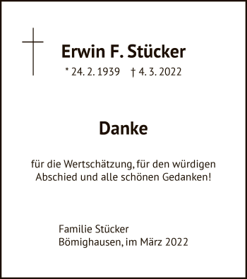 Traueranzeige von Erwin F. Stücker von WLZ