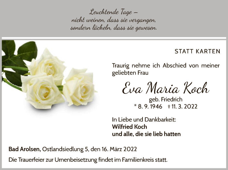  Traueranzeige für Eva Maria Koch vom 16.03.2022 aus WLZ