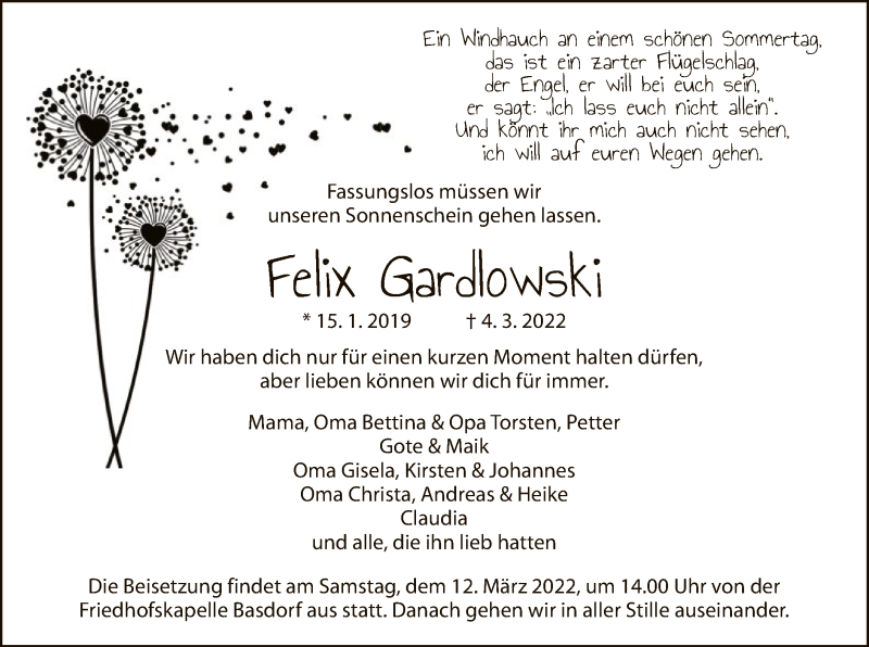 Traueranzeige für Felix Gardlowski vom 10.03.2022 aus WLZ