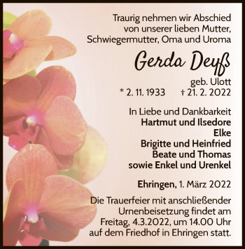 Traueranzeige von Gerda Deyß von WLZ