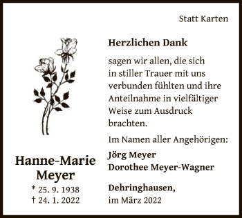 Traueranzeige von Hanne-Marie Meyer von WLZ