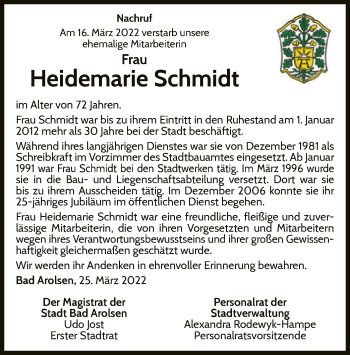 Traueranzeige von Heidemarie Schmidt von WLZ