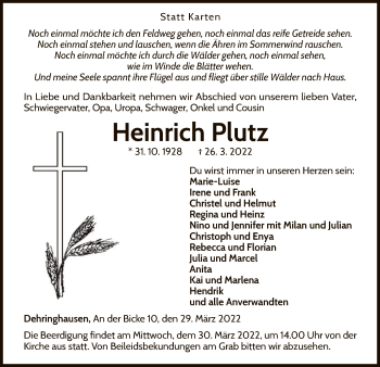 Traueranzeige von Heinrich Plutz von WLZ