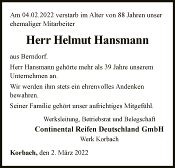 Traueranzeige von Helmut Hansmann von WLZ