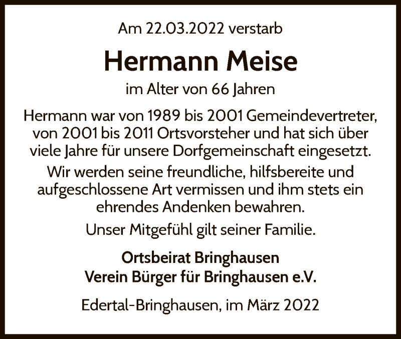  Traueranzeige für Hermann Meise vom 29.03.2022 aus WLZ