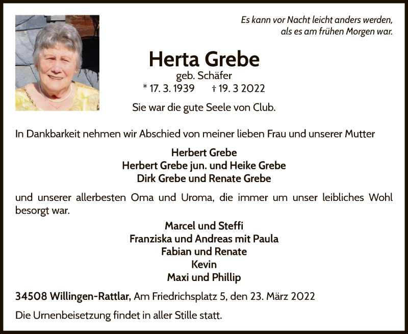  Traueranzeige für Herta Grebe vom 23.03.2022 aus WLZ