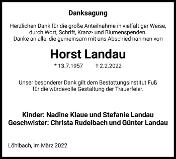 Traueranzeige von Horst Landau von HNA