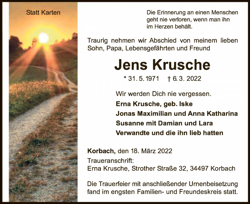  Traueranzeige für Jens Krusche vom 18.03.2022 aus WLZ