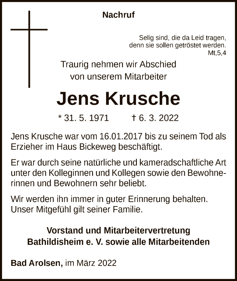  Traueranzeige für Jens Krusche vom 15.03.2022 aus WLZ
