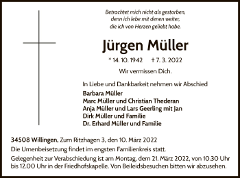 Traueranzeige von Jürgen Müller von WLZ