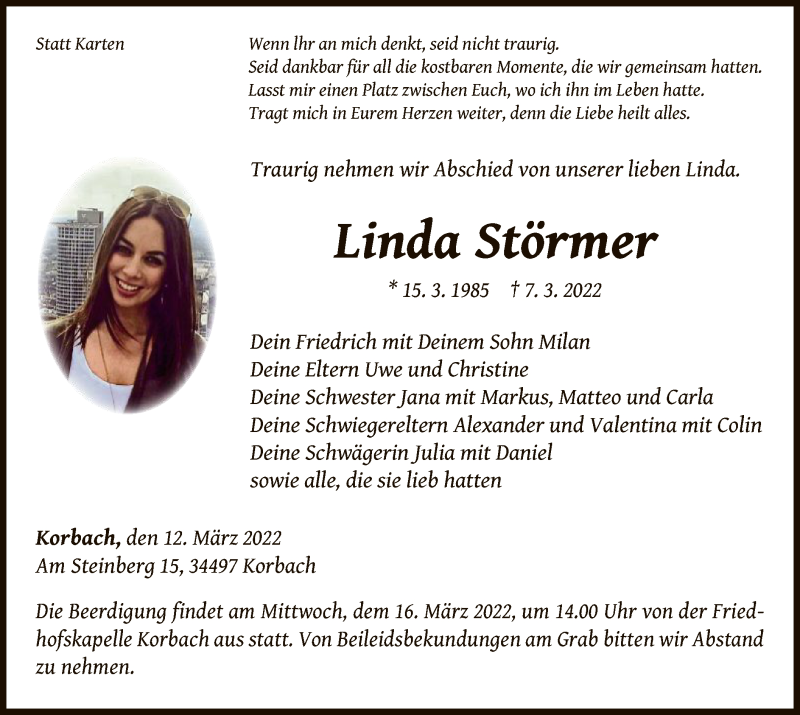  Traueranzeige für Linda Störmer vom 12.03.2022 aus WLZ