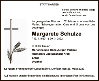 Traueranzeige von Margarete Schulze von WLZ