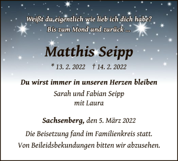 Traueranzeige von Matthis Seipp von WLZ