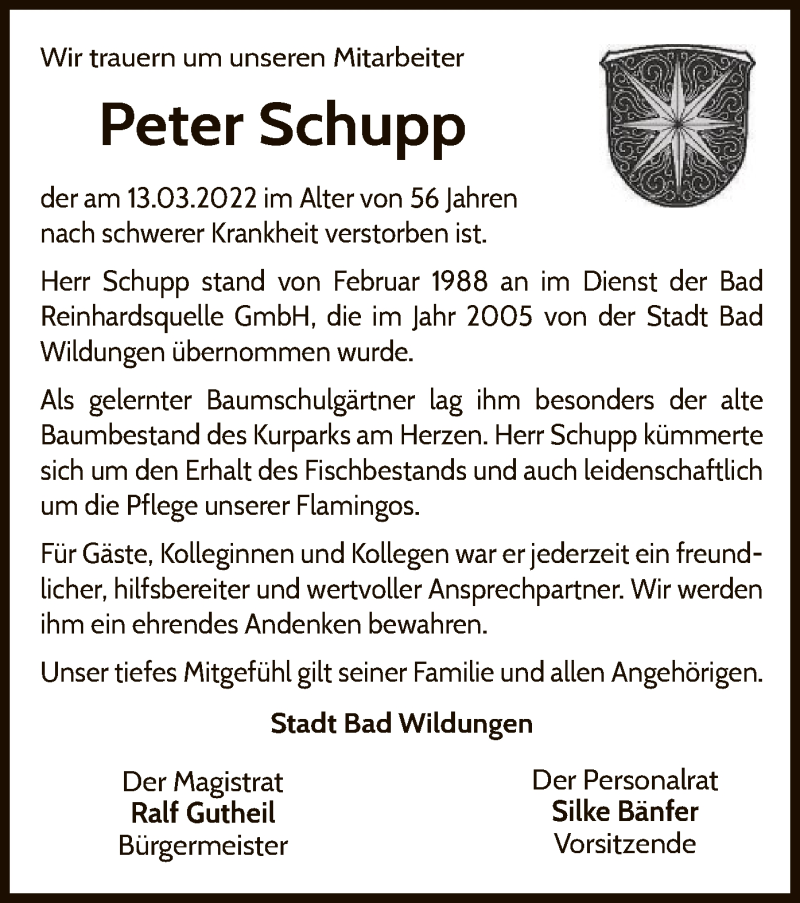  Traueranzeige für Peter Schupp vom 21.03.2022 aus WLZ