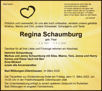 Traueranzeige von Regina Schaumburg von WLZ