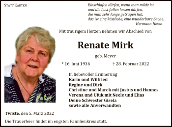 Traueranzeige von Renate Mirk von WLZ