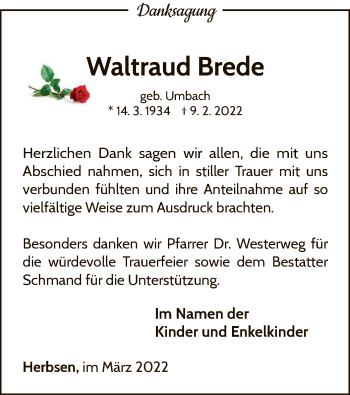 Traueranzeige von Waltraud Brede von WLZ