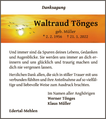 Traueranzeige von Waltraud Tönges von WLZ