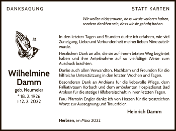 Traueranzeige von Wilhelmine Damm von WLZ