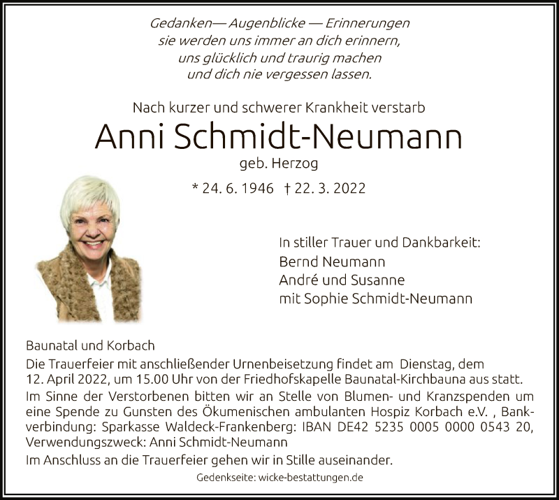  Traueranzeige für Anni Schmidt-Neumann vom 02.04.2022 aus HNA