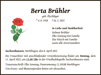 Traueranzeige von Berta Brühler von WLZ