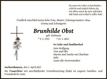 Traueranzeige von Brunhilde Obst von WLZ