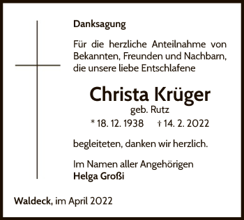 Traueranzeige von Christa Krüger von WLZ