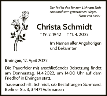 Traueranzeige von Christa Schmidt von WLZ