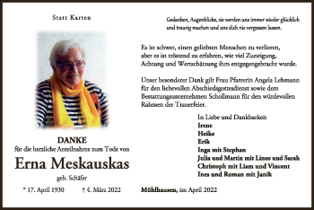 Traueranzeige von Erna Meskauskas von WLZ