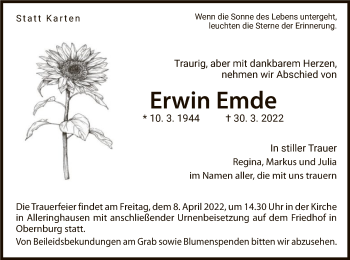 Traueranzeige von Erwin Emde von WLZ