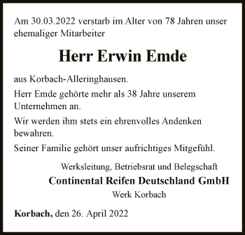 Traueranzeige von Erwin Emde von WLZ