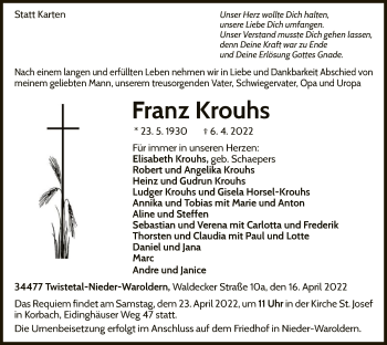 Traueranzeige von Franz Krouhs von WLZ