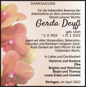 Traueranzeige von Gerda Deyß von WLZ