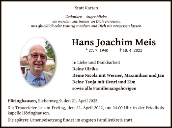 Traueranzeige von Hans Joachim Meis von WLZ