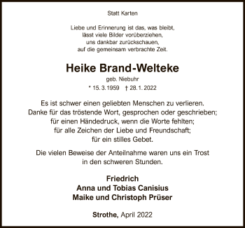 Traueranzeige von Heike Brand-Welteke von WLZ