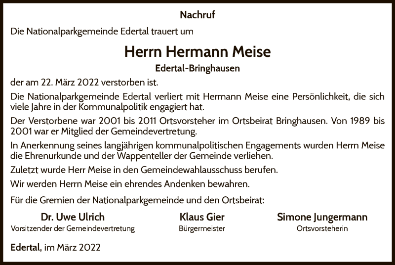  Traueranzeige für Hermann Meise vom 02.04.2022 aus WLZ