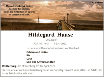 Traueranzeige von Hildegard Haase von WLZ