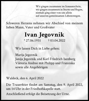 Traueranzeige von Ivan Jegovnik von WLZ