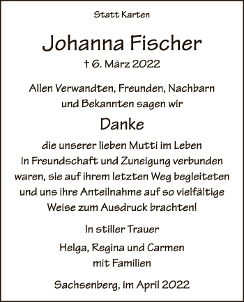 Traueranzeige von Johanna Fischer von WLZ